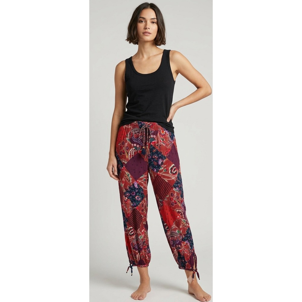Anthropologie Patchwork Print Tie Cuff Jogger Pants Rust Multi Boho Stretch M